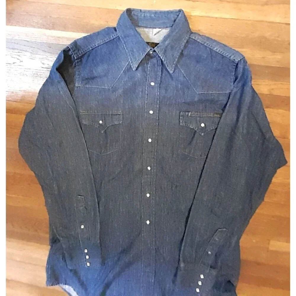 Vtg 70s 80s Sears Mens Western Wear Cowboy Trucker Pearl Snap XLT Denim Shirt